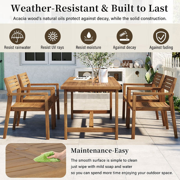 English Elm U_style Solid Acacia Wood Outdoor Dining Set Seats Four with Umbrella Hole Patio Natural WY000477AAO