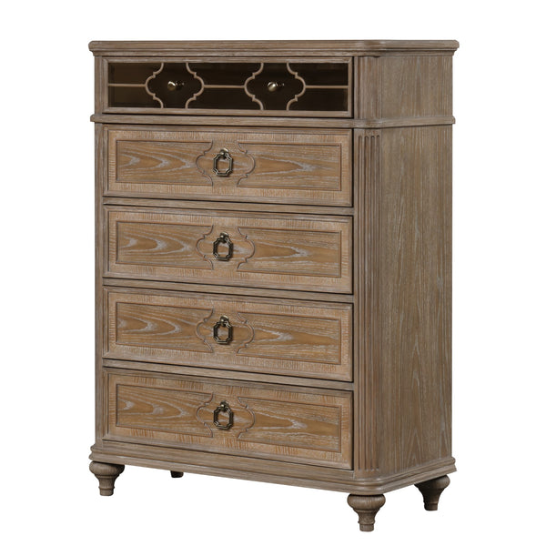 English Elm Simple Contemporary Chest of Drawers with Solid Wood Veneer, Felt-Lined Top Drawer & Metal Handles Oak,Rustic 21 L x 44 W x 54 H B2741P357499