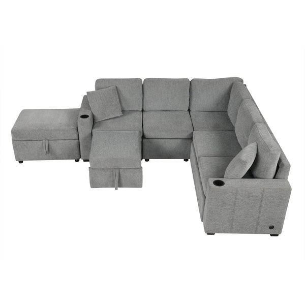 English Elm 84.7" Sectional Sofa Convertible Pull-Out Bed with Hidden Ottoman, USB Ports, Cup Holders, Chenille Comfort Gray N719S001930E