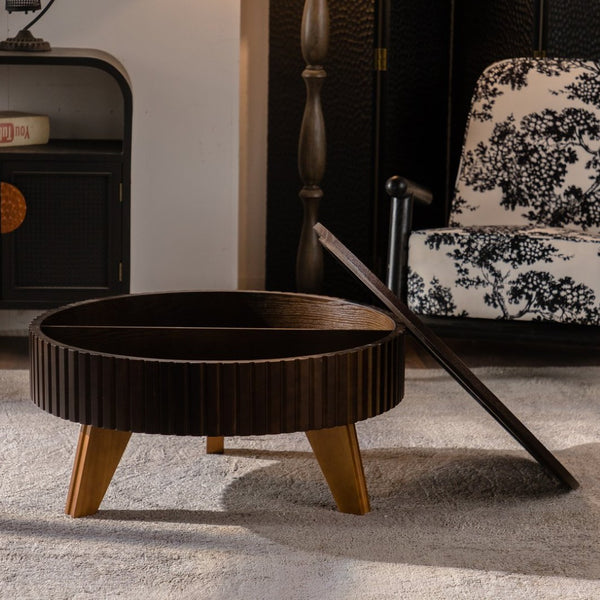 English Elm 31.5" Round Mid-century Coffee Table with Lower Shelf Solid Wood Legs and Mdf Top Brown W757P370297