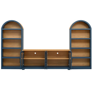 English Elm 3-piece Farmhouse Entertainment Center with Arched Glass Doors and Open Tower Shelving Blue N721S000070C