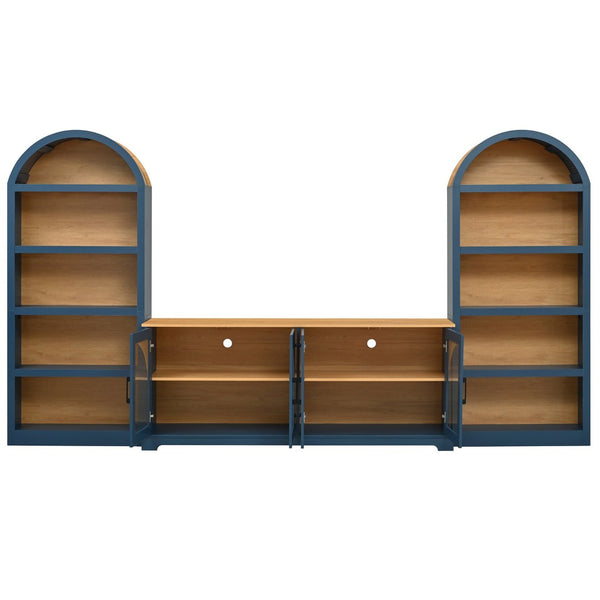 English Elm 3-piece Farmhouse Entertainment Center with Arched Glass Doors and Open Tower Shelving Blue N721S000070C