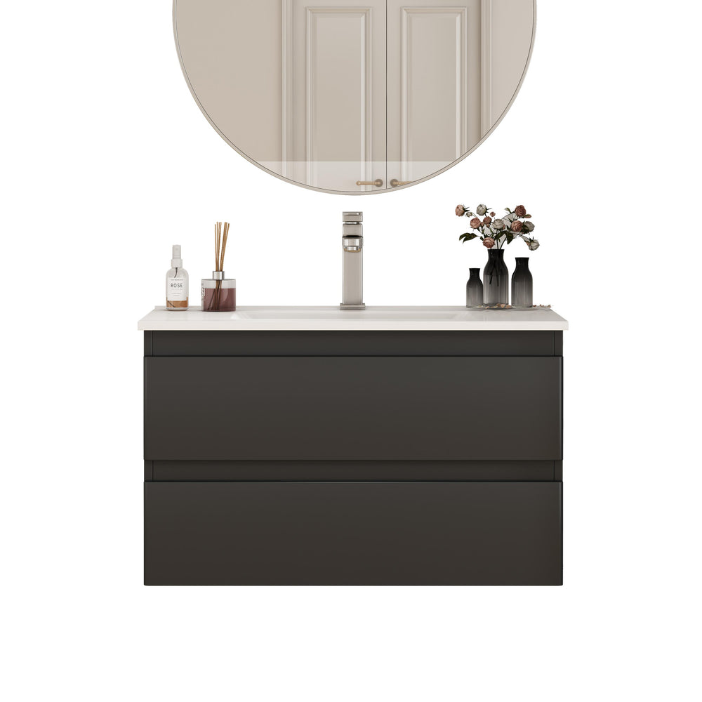 English Elm 32-Inch Wall-Mounted Bathroom Vanity & Ceramic Sink Combo - Soft-Close Drawers, Easy Install! W3151S00046