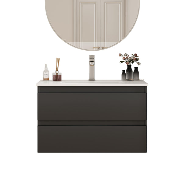 English Elm 32-Inch Wall-Mounted Bathroom Vanity & Ceramic Sink Combo - Soft-Close Drawers, Easy Install! W3151S00046