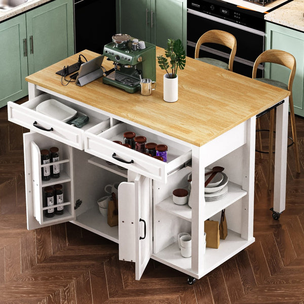 English Elm K&k Farmhouse Kitchen Island Extendable Table Rubber Wood Veneer Built-in Charging Storage White N707S215327W
