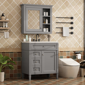 English Elm 30'' Modern Bathroom Vanity with Integrated Mirror Cabinet, Ceramic Sink, 3 Drawers & Ample Storage Grey SW000126AAE-1