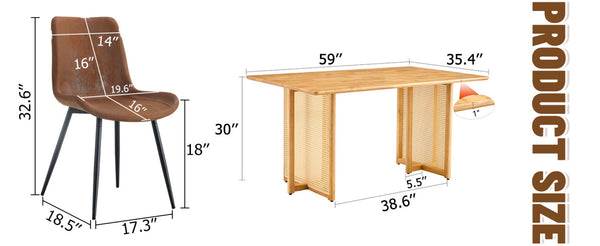 English Elm Table and Chair Set Rubberwood Dining with Rattan Legs Six Cushioned Fabric Seats W1151S03054