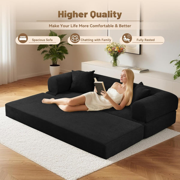 English Elm Convertible Corduroy Sleeper Sofa Queen Fold Out Bed with Dual Storage Pockets Dark Gray W3396P483183