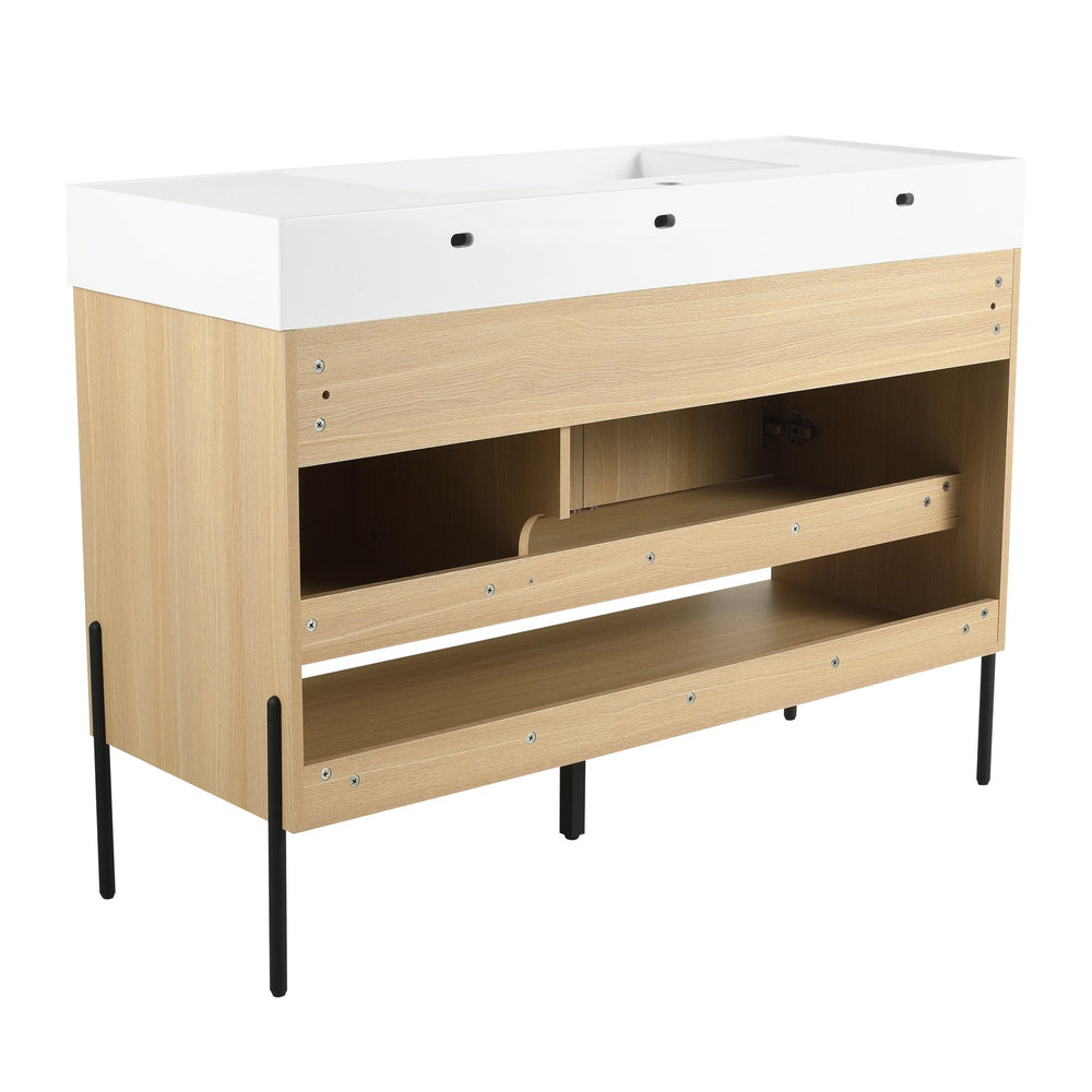 English Elm 48" Oak Bathroom Vanity Combo with One-Piece Resin Sink, Tripod Legs, Multi-Layer Solid Wood Cabinet W1972S00010