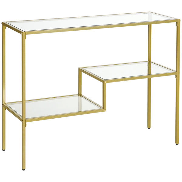English Elm HOMCOM Gold Console Table 39" Tempered Glass Narrow Entryway Table with 3 Shelves, Steel Frame elegant stabilization W2225P217214