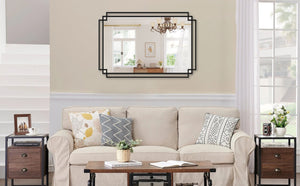English Elm 24*36 Ines Black Iron Frame Wall Mirror with Integrated Shelf for Bath or Bedroom W708P421807
