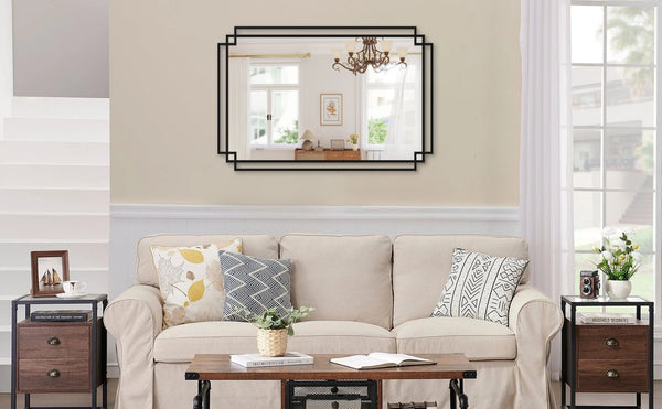 English Elm 24*36 Ines Black Iron Frame Wall Mirror with Integrated Shelf for Bath or Bedroom W708P421807