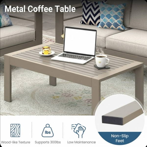 English Elm All-weather Outdoor 4 Piece Iron Conversation Set with Olefin Cushions and Wood Grain Table Beige B082S00103