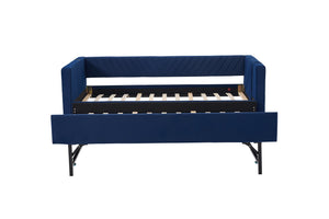 English Elm Twin Velvet Upholstered Daybed with Trundle, V-Pattern Backrest, USB Port, Side Pockets, Sturdy Design Navy W1361S00044