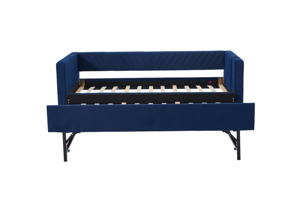 English Elm Twin Velvet Upholstered Daybed with Trundle, V-Pattern Backrest, USB Port, Side Pockets, Sturdy Design Navy W1361S00044