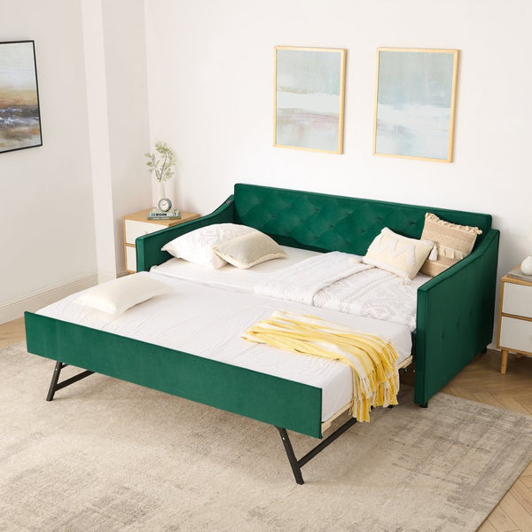 English Elm Twin Linen Tufted Daybed with Pop up Trundle and Usb Port for Guest Rooms Green W1413S00130
