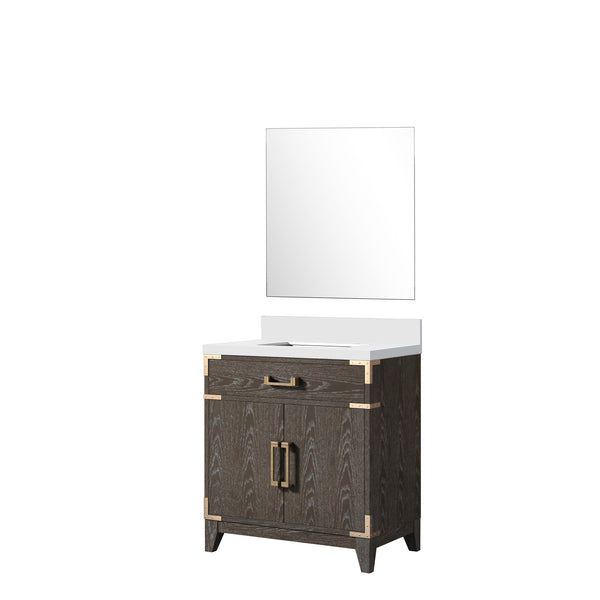 English Elm Brown Oak Single Bath Vanity With White Quartz Countertop & 28" Mirror – Elegant Storage Solution B2731S01454