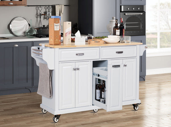 English Elm Kitchen Island Rubber Wood Countertop Mobile Cart with Towel & Spice Racks, Drawers, Storage Wheels White W914P147990