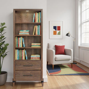 English Elm Tranquility Mid-century Bookcase Pier with Led Shelves Walnut Veneer and Drawer Storage B108P411440