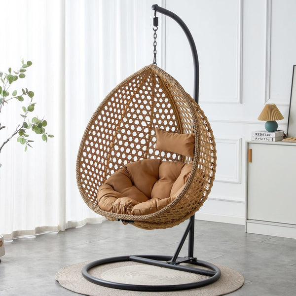 English Elm 76.8-inch Hand Woven Rattan Egg Swing Chair Indoor Outdoor with Cushion Lumbar Pillow Yellow W1512P498594
