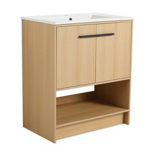 English Elm 30" Bathroom Vanity With Integrated Ceramic Sink, Soft-Close Doors & Open Shelf For Easy Storage W1972S00017