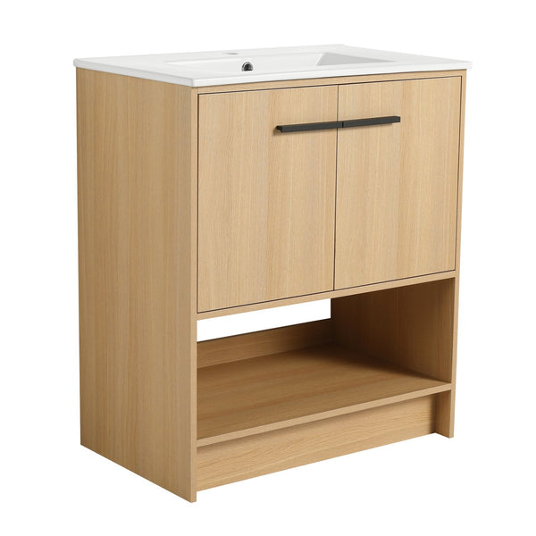 English Elm 30" Bathroom Vanity With Integrated Ceramic Sink, Soft-Close Doors & Open Shelf For Easy Storage W1972S00017
