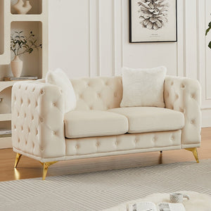 English Elm Fx Velvet Chesterfield Sofa Button Tufted Diamond Quilted Design with Accent Pillows Beige W1926S00077