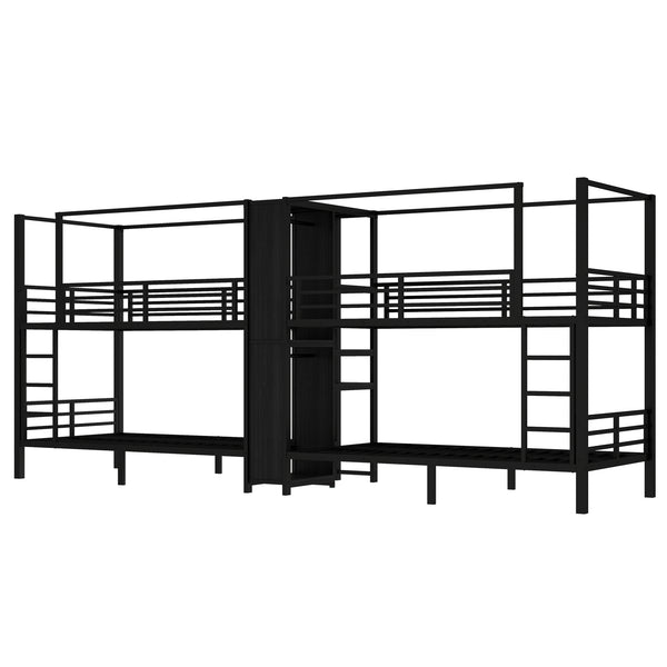 English Elm Twin Quadruple Metal Bunk Bed with Central Closet, Shelves & Wardrobe for Space-Saving Dormitory Living Black W1580S00154