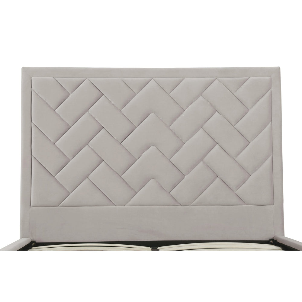 English Elm Crosby Upholstered Velvet Queen Bed In Greige - Elegant Chevron Headboard & No Box Spring Needed! B365S00038