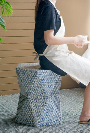 English Elm 19x19x20" Tapered Blue Capiz Stool Accent Table — Hexagon Inlay Pedestal, Geometric Charm for Entryways W2078P409466