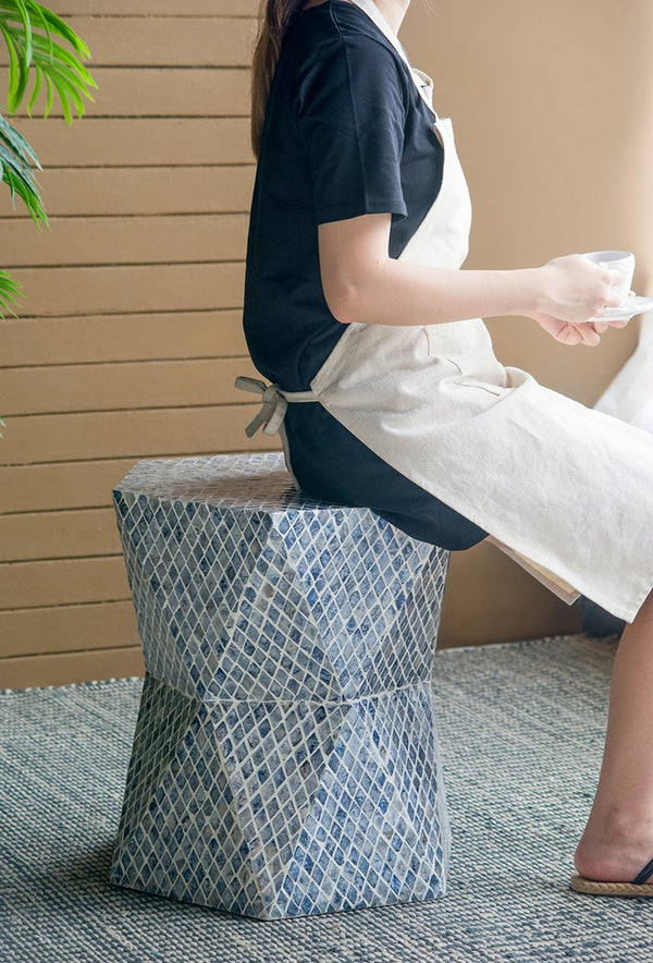 English Elm 19x19x20" Tapered Blue Capiz Stool Accent Table — Hexagon Inlay Pedestal, Geometric Charm for Entryways W2078P409466
