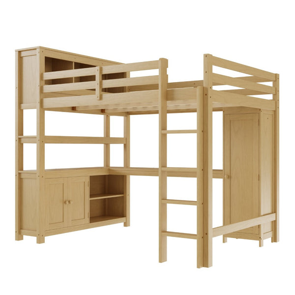 English Elm Full Size Pine Loft Bed House Frame with Slide Bookshelves and Moon Star Rails W1580S00163