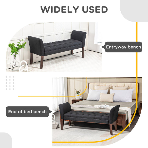 English Elm HOMCOM Tufted Upholstery Bench with Arms — Plush Linen-Feel Seat, Solid Wood Legs, Versatile Entryway seating solution Black W2225P217025