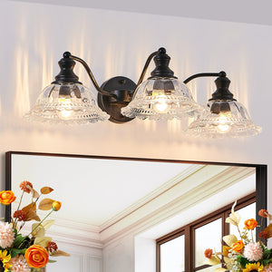 English Elm 24 Vintage 3-Light Wall Sconce with Iron and Glass Shades – Stylish Hardwired Vanity Fixture for Bathroom Mirror Black W2312P374844
