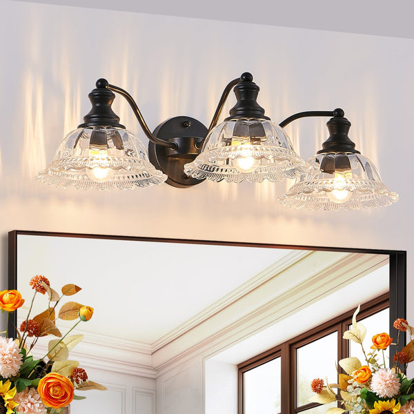English Elm 24 Vintage 3-Light Wall Sconce with Iron and Glass Shades – Stylish Hardwired Vanity Fixture for Bathroom Mirror Black W2312P374844