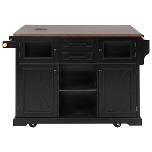 English Elm K&K 54.9" Farmhouse Kitchen Island Cart with Drop Leaf, Charging Station, Barn Doors & Glass Pane Black N707P300277B