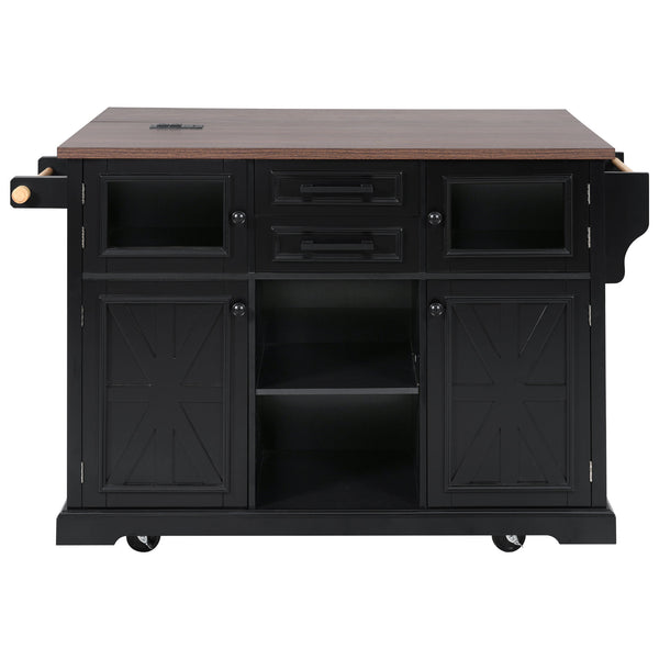English Elm K&K 54.9" Farmhouse Kitchen Island Cart with Drop Leaf, Charging Station, Barn Doors & Glass Pane Black N707P300277B