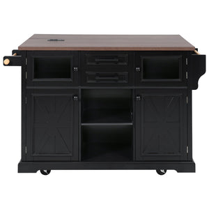 English Elm K&k Farmhouse Rolling Kitchen Island with Barn Doors Power Outlet and Drop Leaf Black N707S300277B