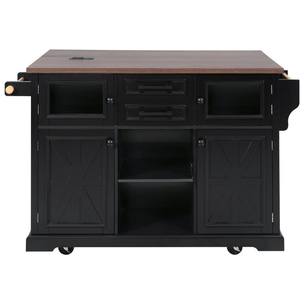 English Elm K&k Farmhouse Rolling Kitchen Island with Barn Doors Power Outlet and Drop Leaf Black N707S300277B