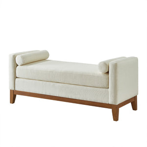 English Elm Large Boucle Upholstered Window Bench with Armrests and Throw Pillows for Entryway Beige W2186P454321