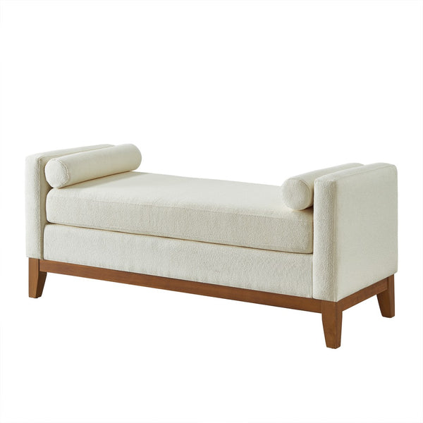English Elm Large Boucle Upholstered Window Bench with Armrests and Throw Pillows for Entryway Beige W2186P454321