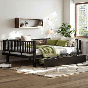 English Elm Full Size Metal Platform Storage Bed Low Profile Steel Frame with Built-in Drawers Black W5305P471350