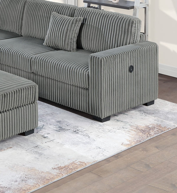 English Elm Living L-Shaped Sectional Sofa Set with Reversible Chaise, Tufted Burlap Fabric, Storage Ottoman, USB Port Smoke 40 L x 26 W x 58 H B011S01782