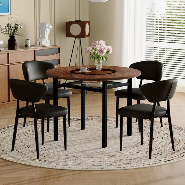English Elm Table Set 42 Inch Round Wood Grain Mdf with Glass Inlay and 4 Ergonomic Chairs Brown+Black W1151S04500