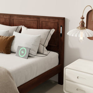 English Elm Queen Pinewood Platform Bed Farmhouse Tall Panel Headboard with Led Lighting and Usb Ports Walnut W504P391092