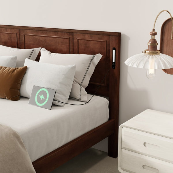 English Elm Queen Pinewood Platform Bed Farmhouse Tall Panel Headboard with Led Lighting and Usb Ports Walnut W504P391092