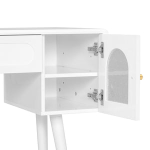 English Elm Elegant Vanity Makeup Table with Charging Station & Carved Glass Door, Sturdy Stool Included White N844P285188A