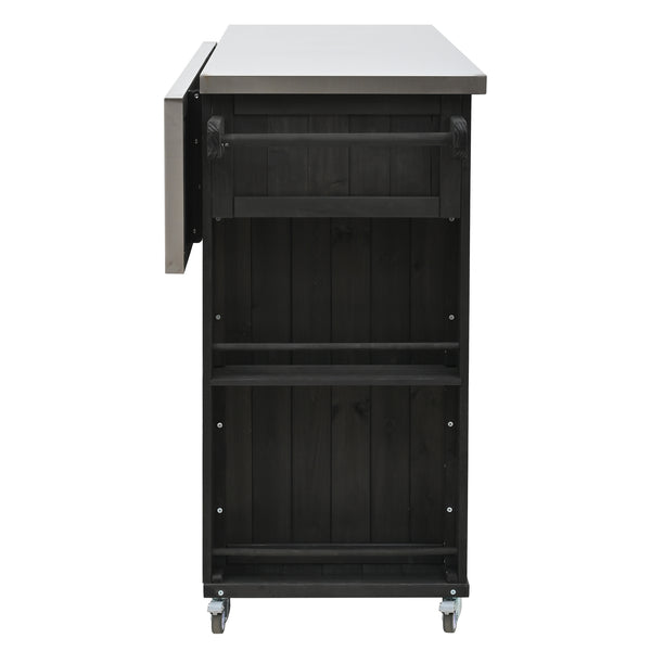 English Elm Outdoor Kitchen Island Solid Fir Wood with Foldable Stainless Top, Ample Storage, Wheels, Opener Black N719P246553B