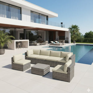 English Elm 7-piece Outdoor Modular Sectional Pe Wicker Patio Set with Tempered Glass Coffee Table Beige+Brown B082S00063