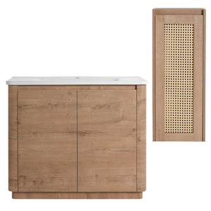 English Elm 40'' Freestanding Bathroom Vanity With Ceramic Sink, Soft-Close Doors & Side Cabinet For Stylish Storage W999S00404